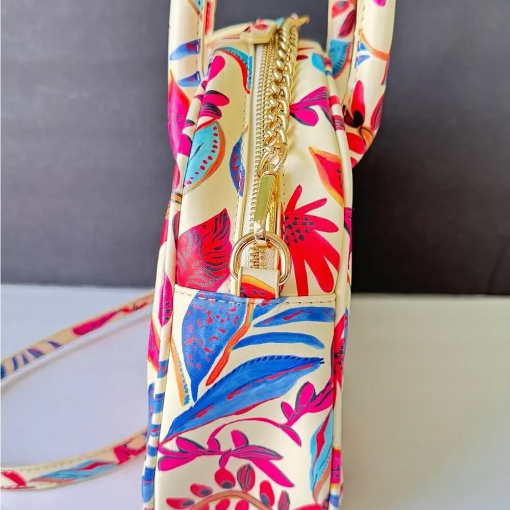 JustFab Tropical Botanical Satchel - Bright Floral Vegan Leather Crossbody